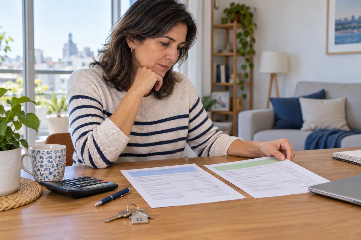 Una mujer compara dos propuestas con una calculadora y las llaves de su casa sobre la mesa.
