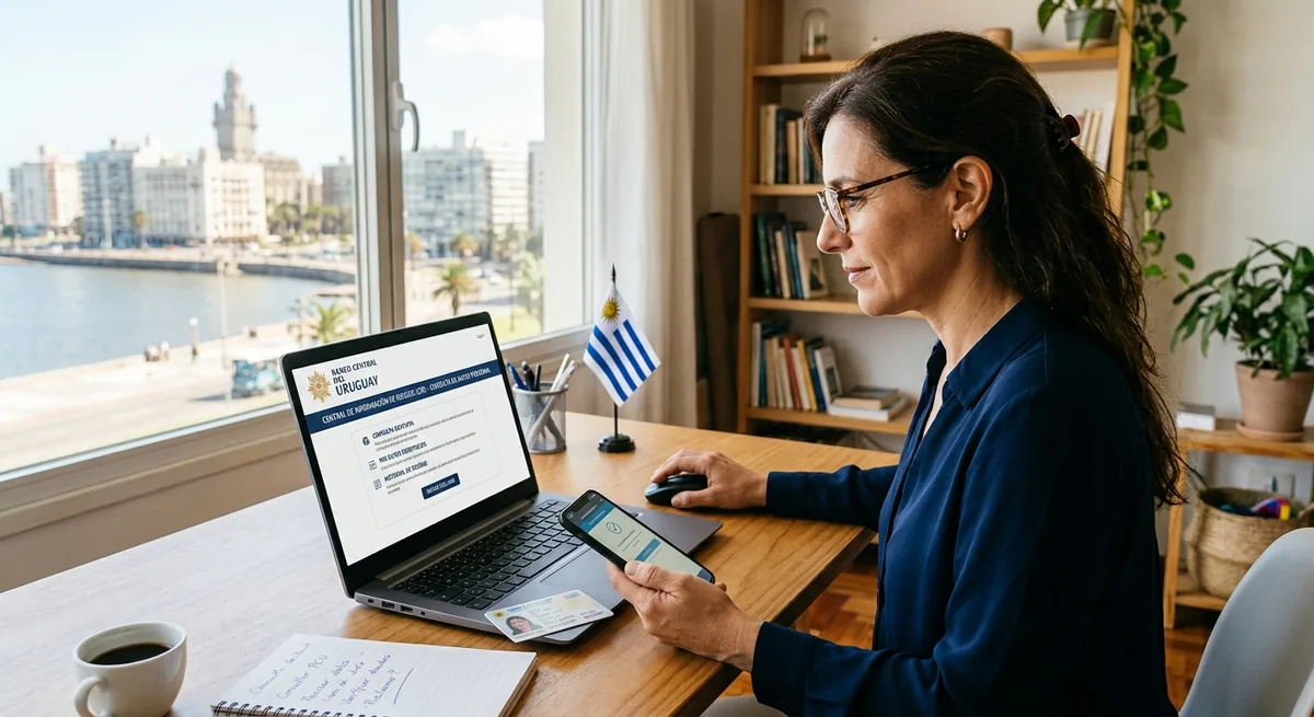 Una mujer consultando información crediticia en una computadora.