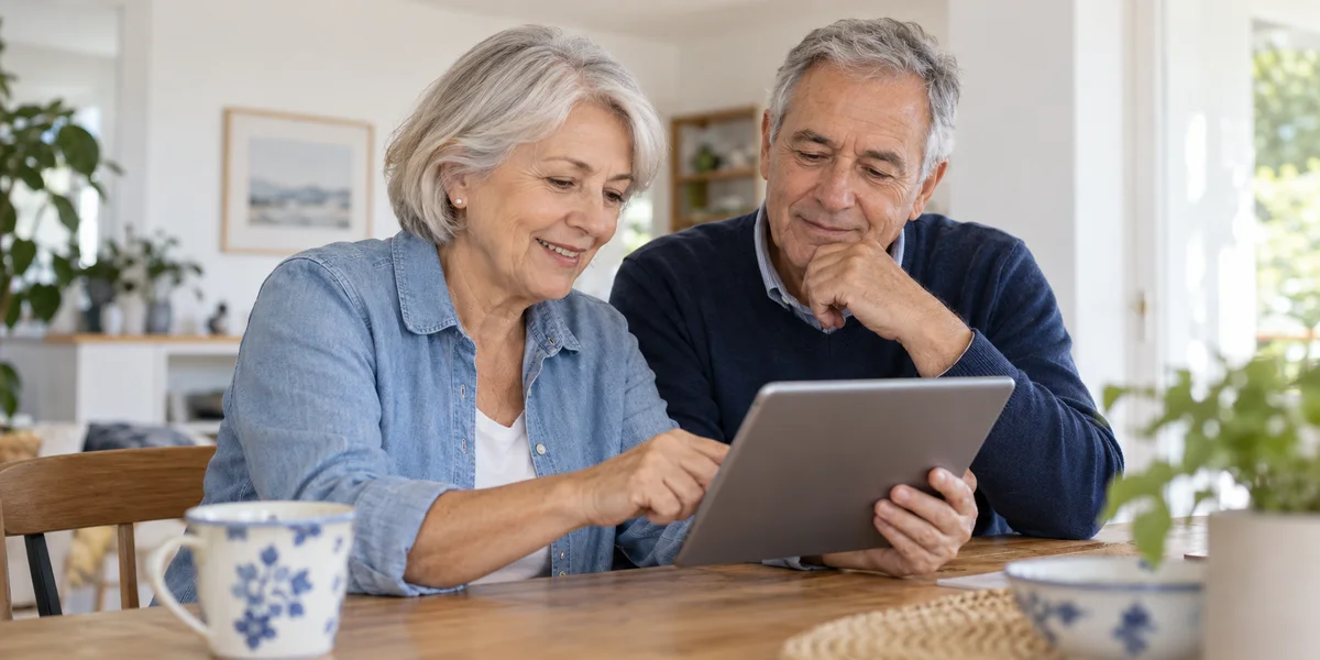 Una pareja de personas mayores revisando una tablet en casa.