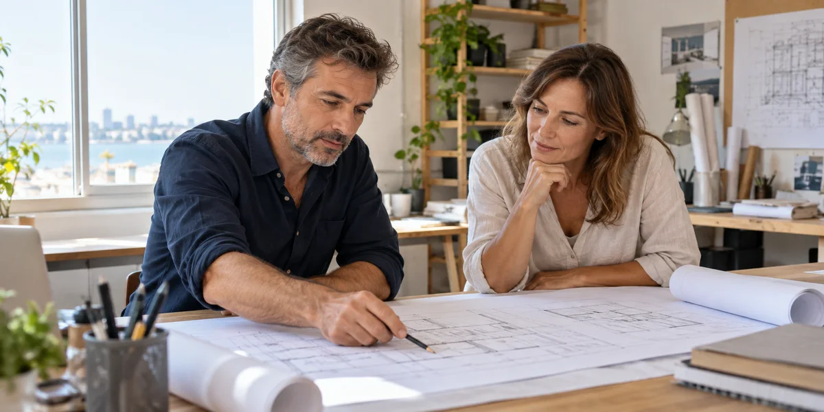 Dos profesionales revisando los planos de un proyecto.