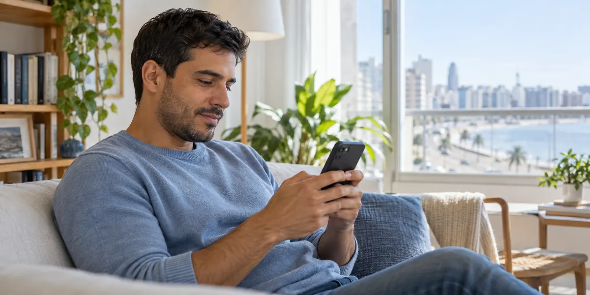 Un hombre consultando su celular en casa.