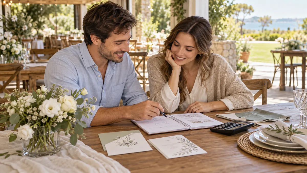 Una pareja organiza su boda con un cuaderno, invitaciones y muestras de flores.