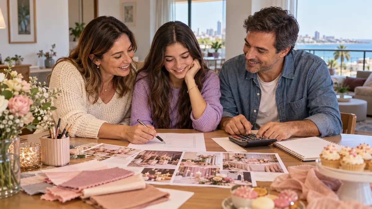 Una madre y un padre planifican la fiesta de 15 con su hija, un cuaderno y una calculadora.