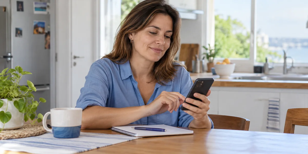 Una mujer consultando su celular junto a un cuaderno en casa.