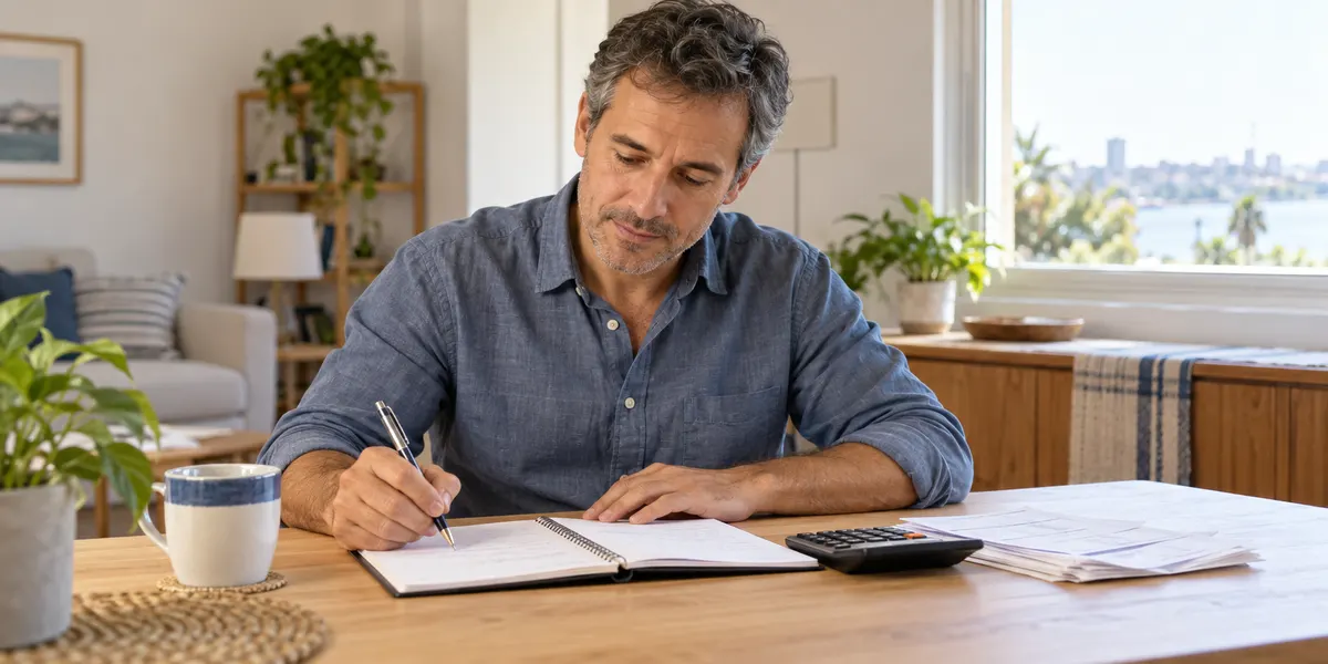 Un hombre organizando sus gastos con un cuaderno y una calculadora.
